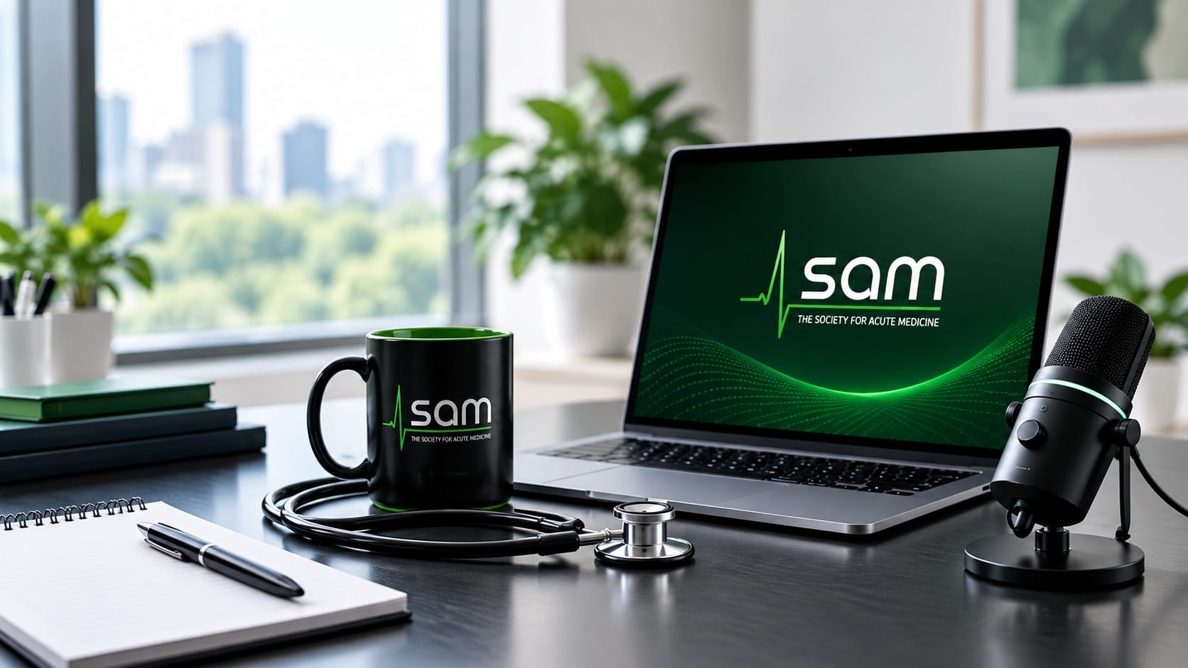 SAM Learning Hub medical education workspace with laptop, microphone and stethoscope