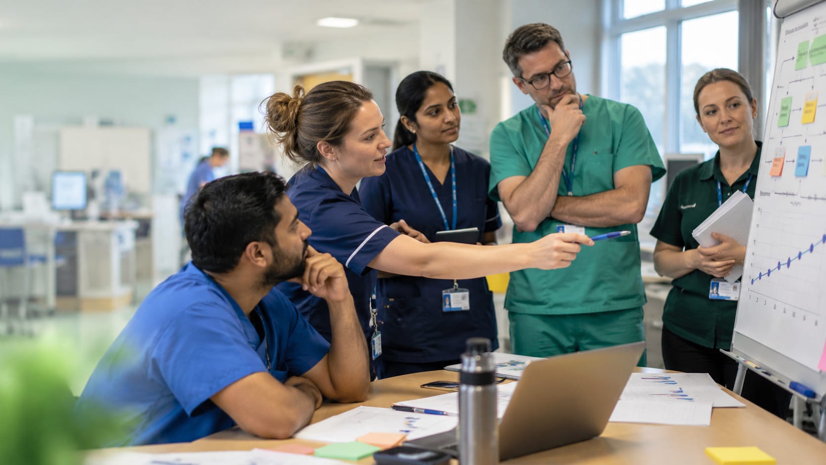 Illustration of a multidisciplinary healthcare team discussing quality improvement